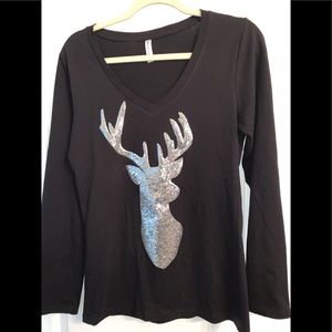 Sequined V-Neck Long Sleeve Buck Shirt: Ladies XL